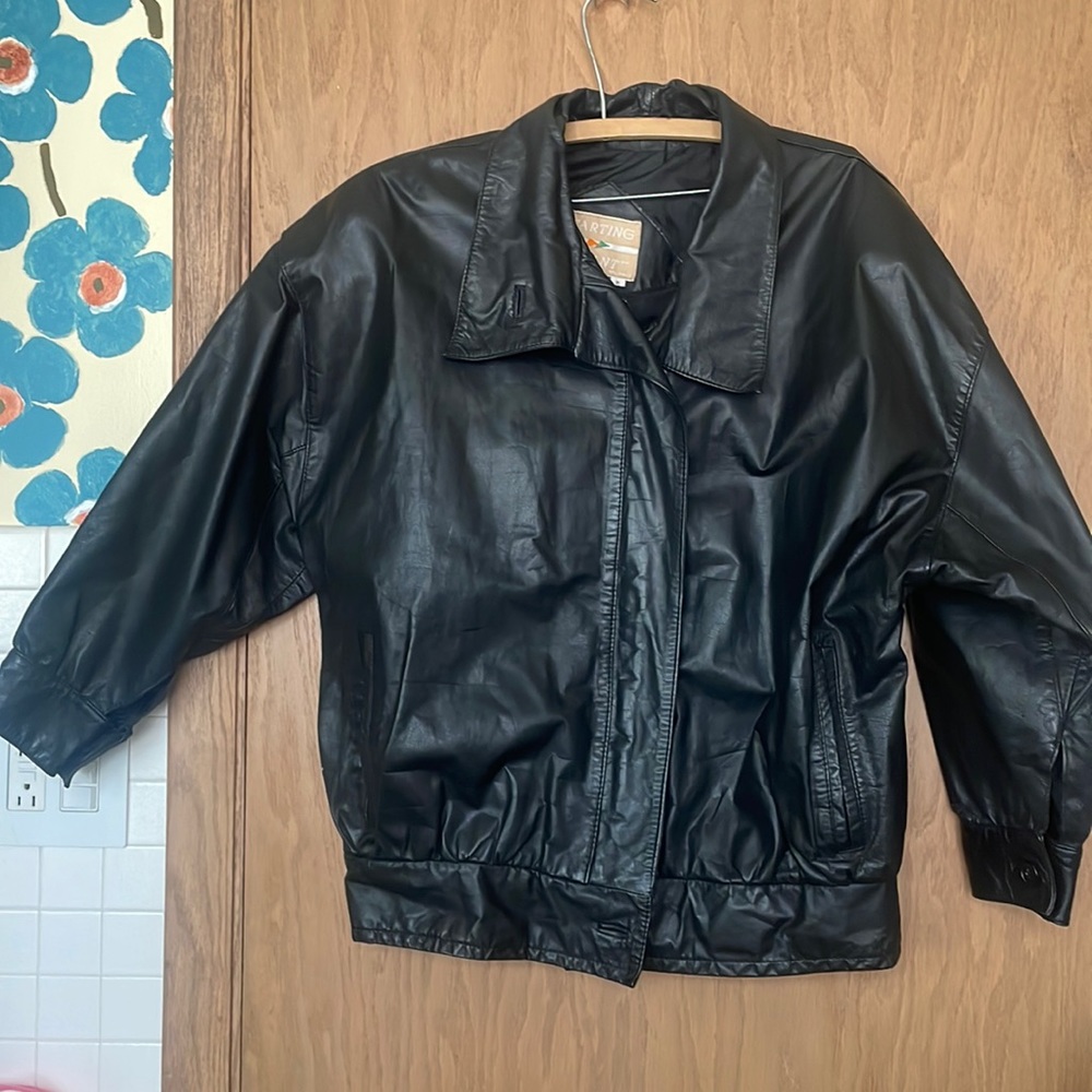 Vintage starting point black oversized leather jacket size small